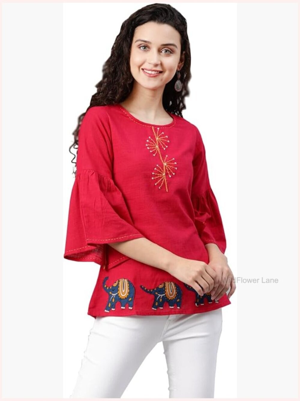 Women's Cotton Slub Patch Work Bell Sleeve Tunic Top Summer